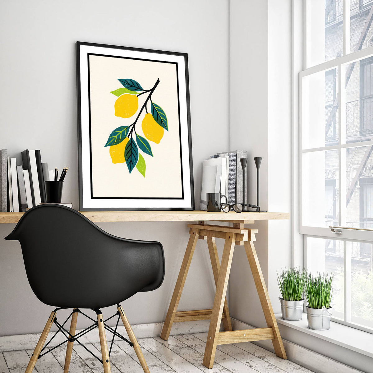 Lemon Branch Art Print - Citrus Fruit Kitchen Poster - Modern Block Print Style Woodcut