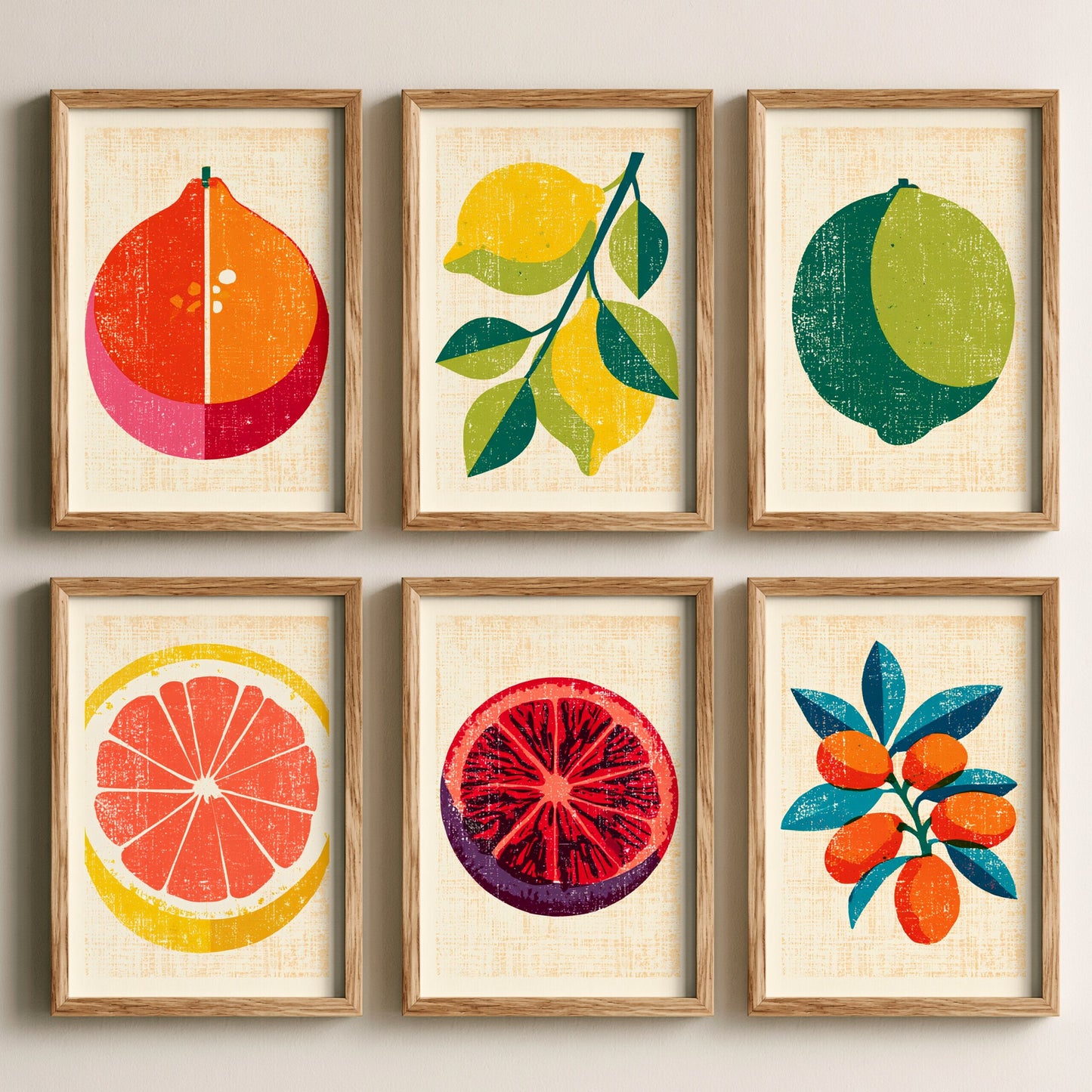 Set of Six Citrus Fruit Linocut Art Prints - 6 Kitchen Illustrations - Orange, Lemon, Lime, Grapefruit, Kumquat - Retro Poster