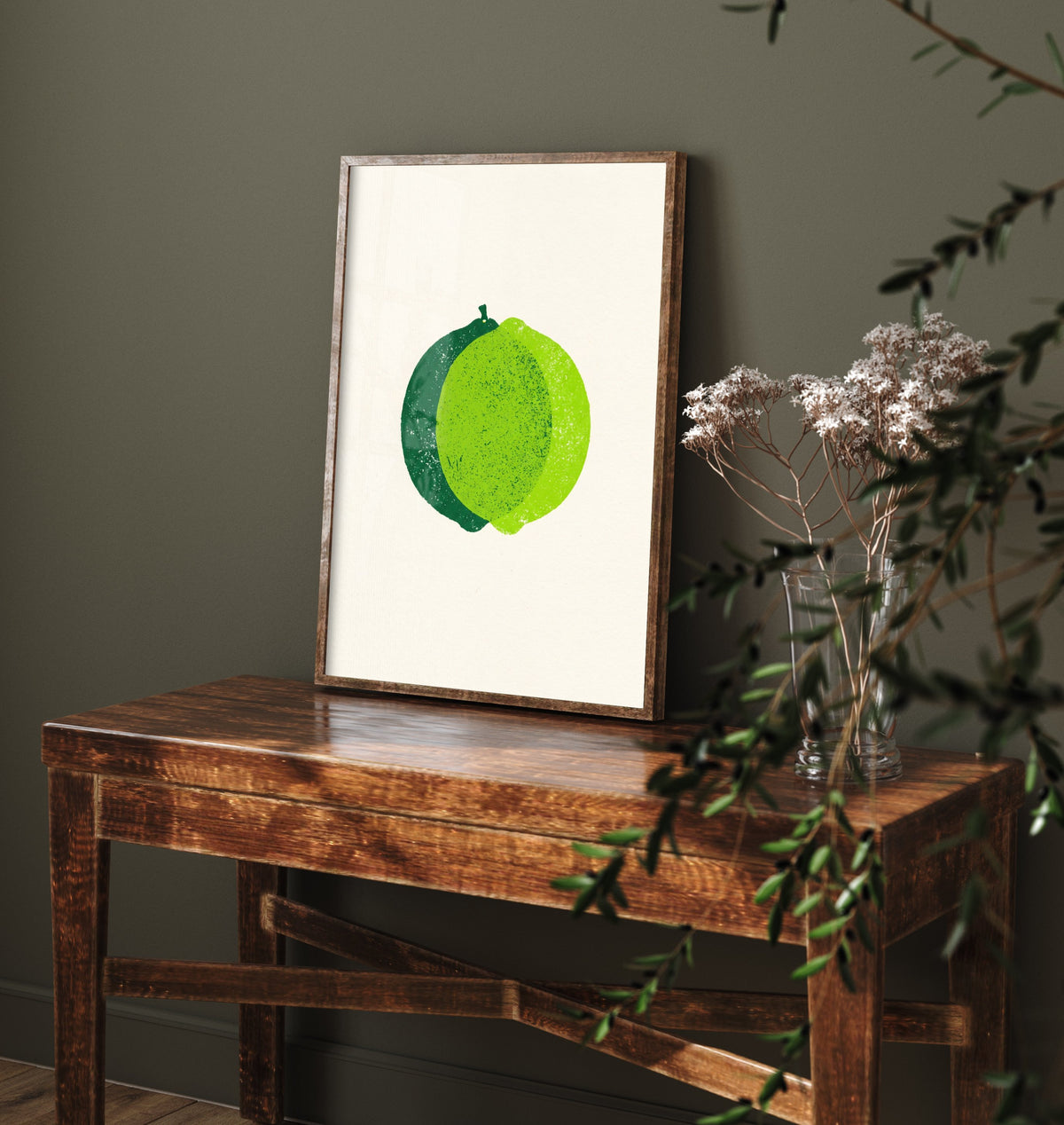 Lime Art Print - Whole Citrus Fruit Kitchen Poster - Modern Block Print Style Woodcut