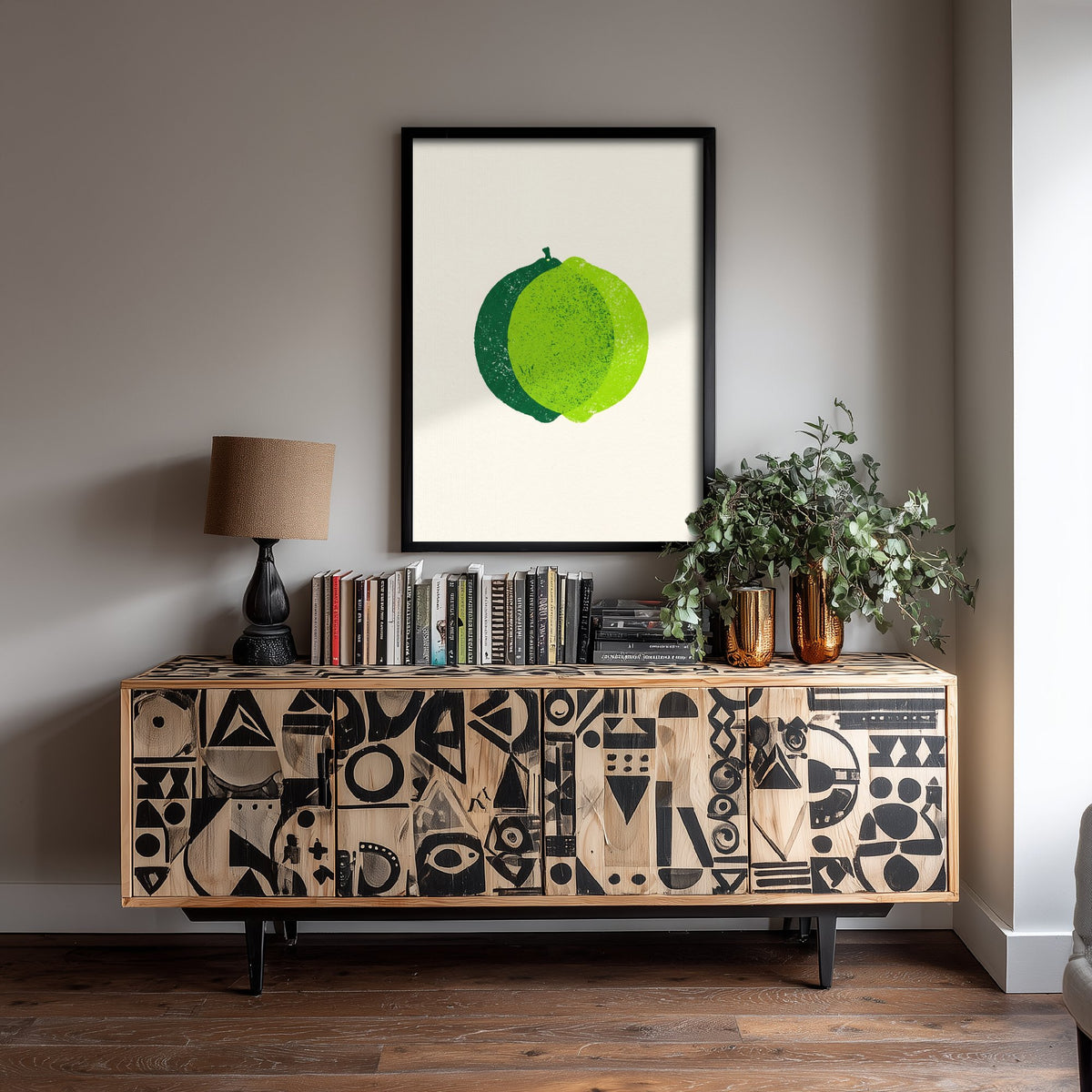 Lime Art Print - Whole Citrus Fruit Kitchen Poster - Modern Block Print Style Woodcut