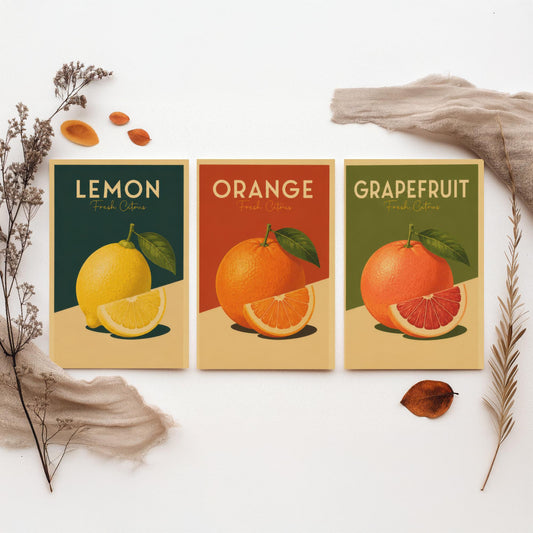 Vintage Citrus Fruit Kitchen Set of Three Art Prints - Lemon, Orange, Grapefruit - Retro Poster Illustration Gift Wall Decor