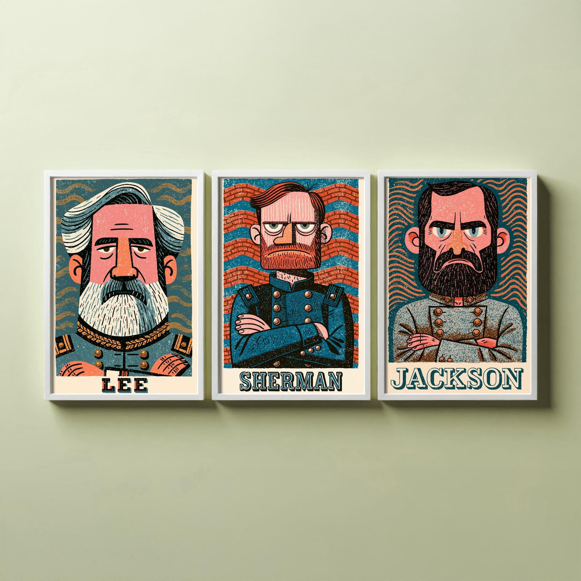 Civil War Generals Set of Three Art Prints - Lee, Sherman, Jackson - American History Poster Wall Art Gift Illustration Decor