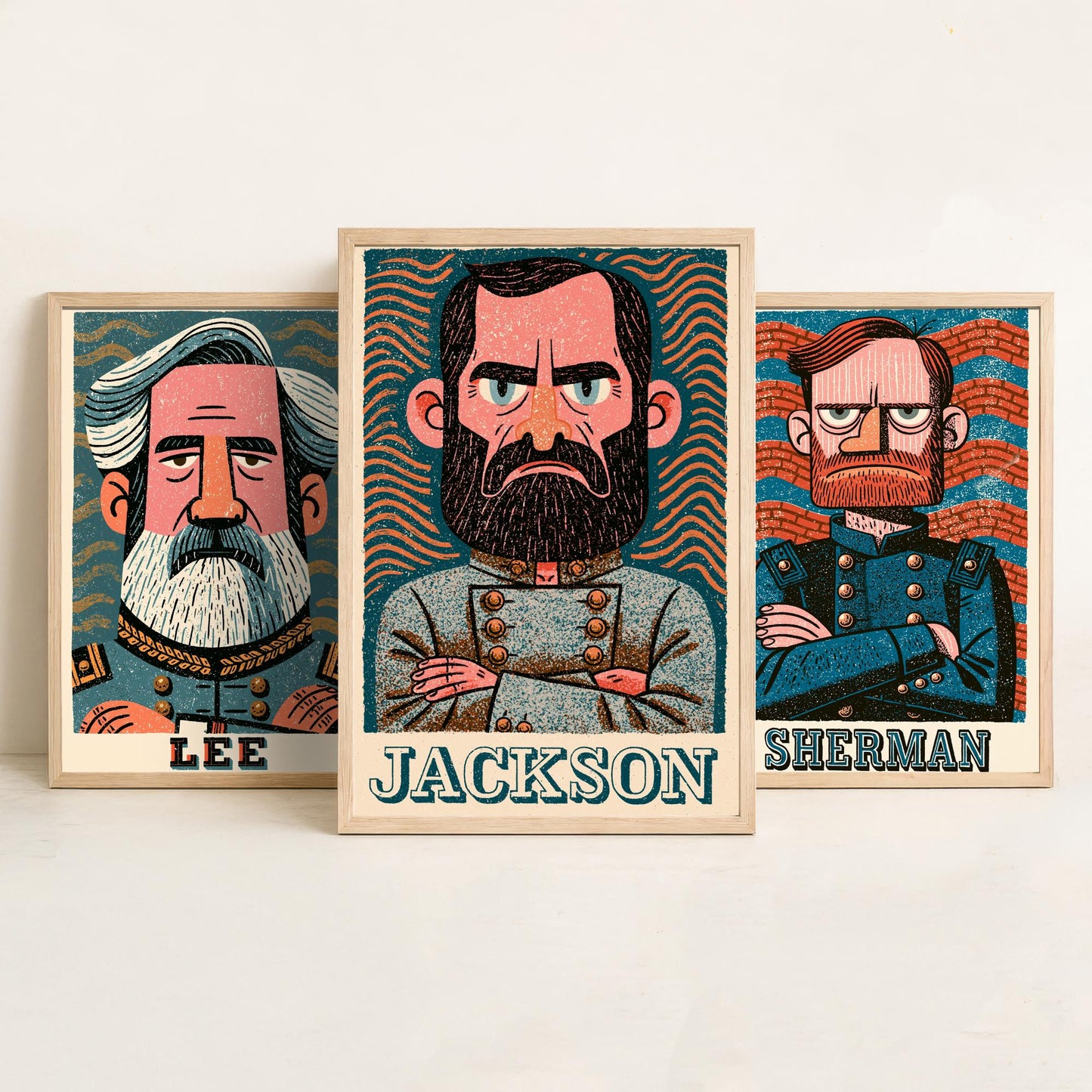 Civil War Generals Set of Three Art Prints - Lee, Sherman, Jackson - American History Poster Wall Art Gift Illustration Decor
