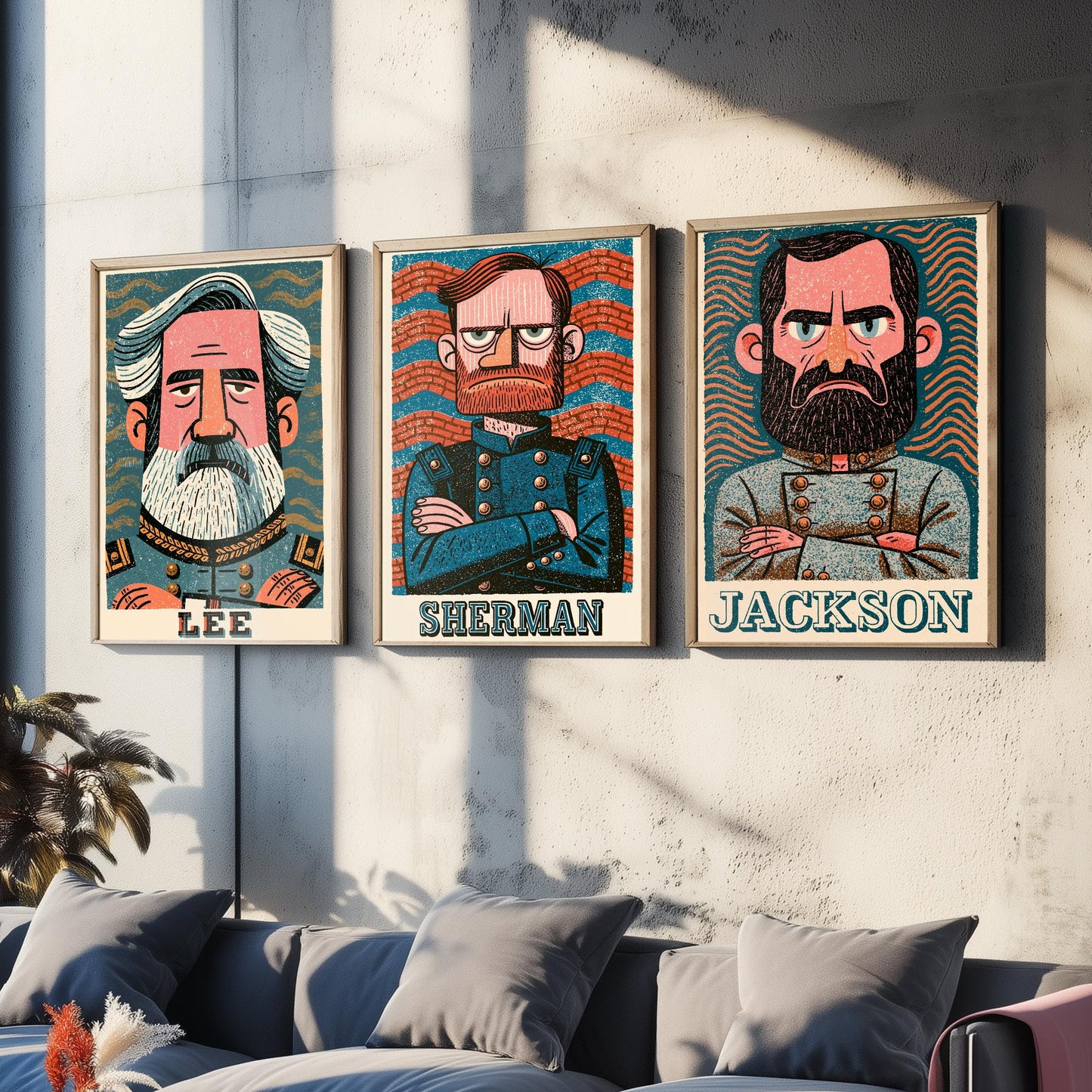 Civil War Generals Set of Three Art Prints - Lee, Sherman, Jackson - American History Poster Wall Art Gift Illustration Decor