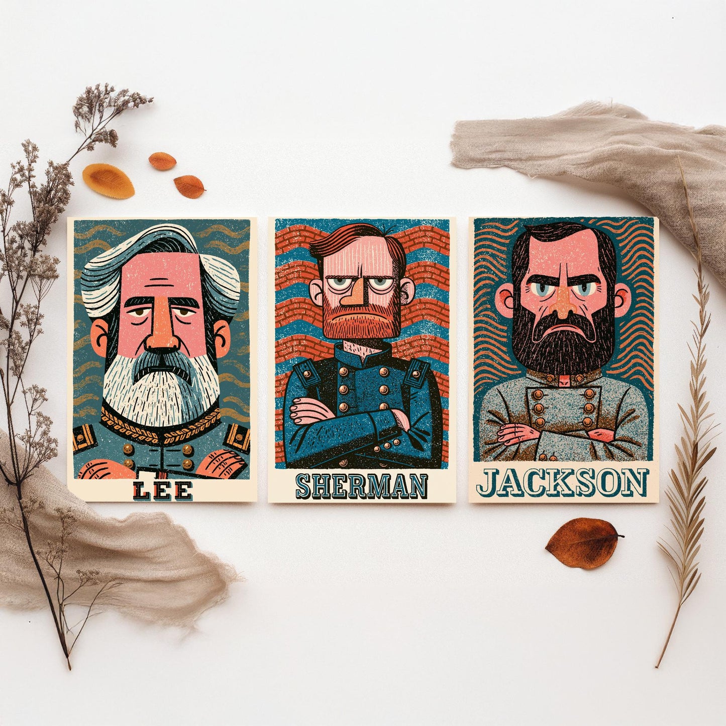 Civil War Generals Set of Three Art Prints - Lee, Sherman, Jackson - American History Poster Wall Art Gift Illustration Decor
