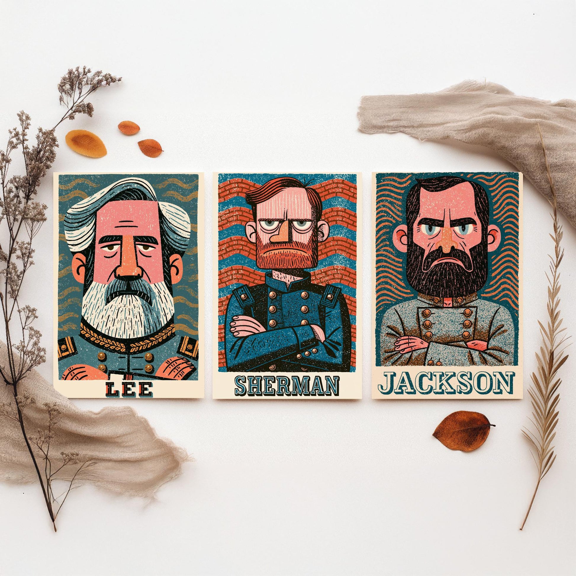 Civil War Generals Set of Three Art Prints - Lee, Sherman, Jackson - American History Poster Wall Art Gift Illustration Decor