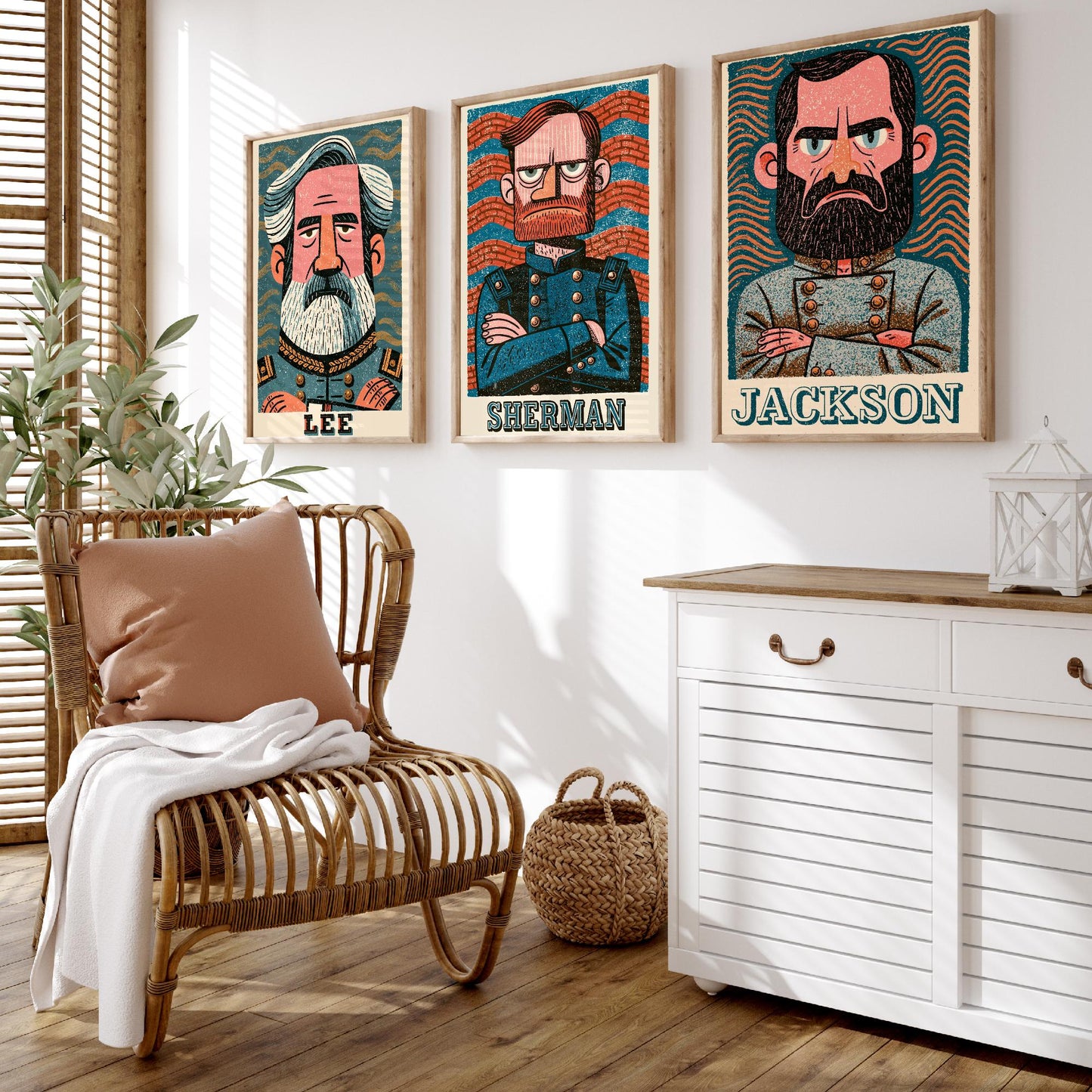 Civil War Generals Set of Three Art Prints - Lee, Sherman, Jackson - American History Poster Wall Art Gift Illustration Decor