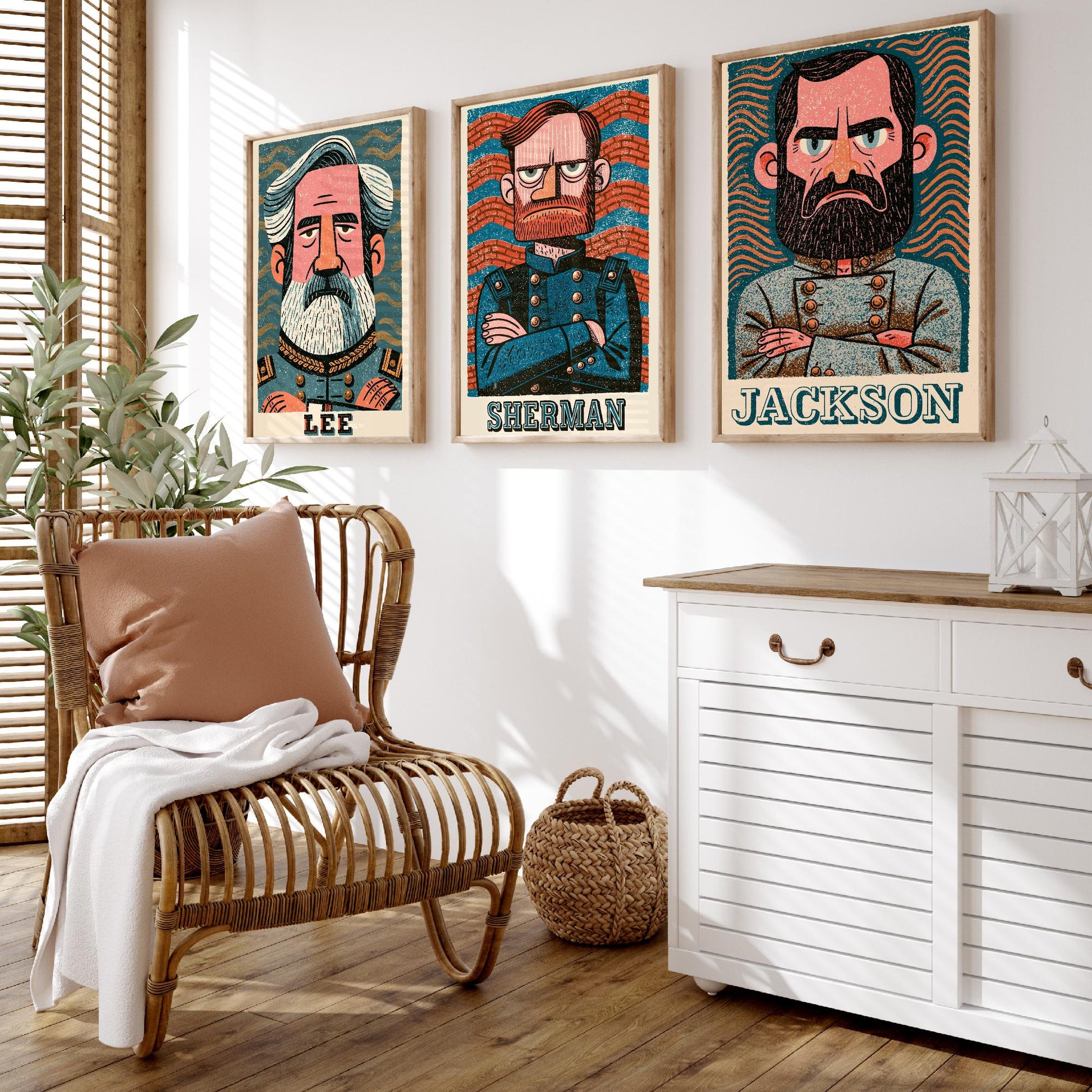 Civil War Generals Set of Three Art Prints - Lee, Sherman, Jackson - American History Poster Wall Art Gift Illustration Decor