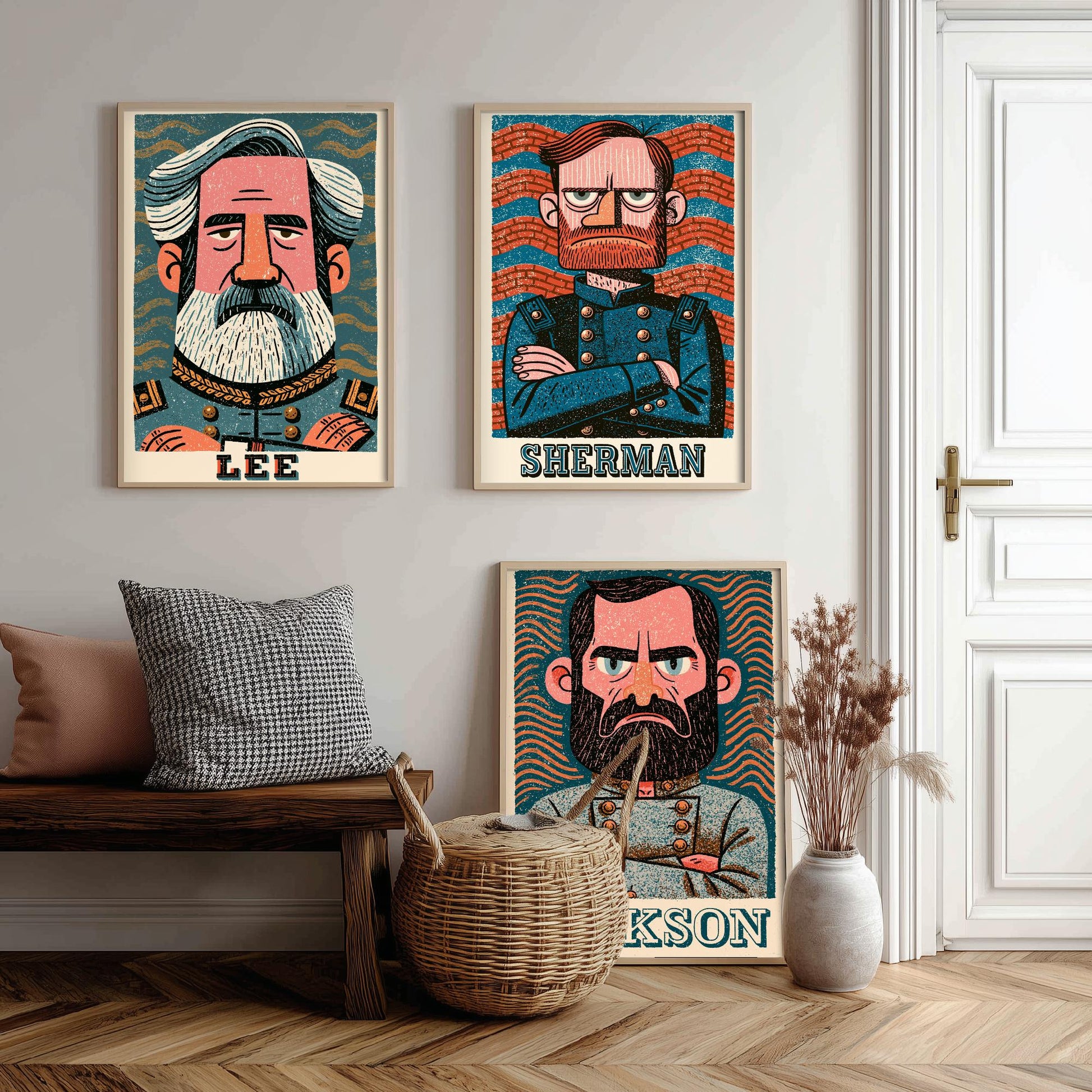 Civil War Generals Set of Three Art Prints - Lee, Sherman, Jackson - American History Poster Wall Art Gift Illustration Decor