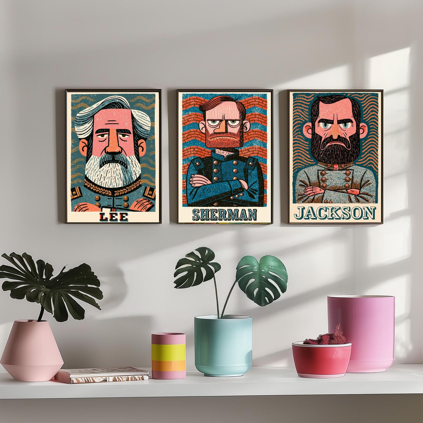 Civil War Generals Set of Three Art Prints - Lee, Sherman, Jackson - American History Poster Wall Art Gift Illustration Decor