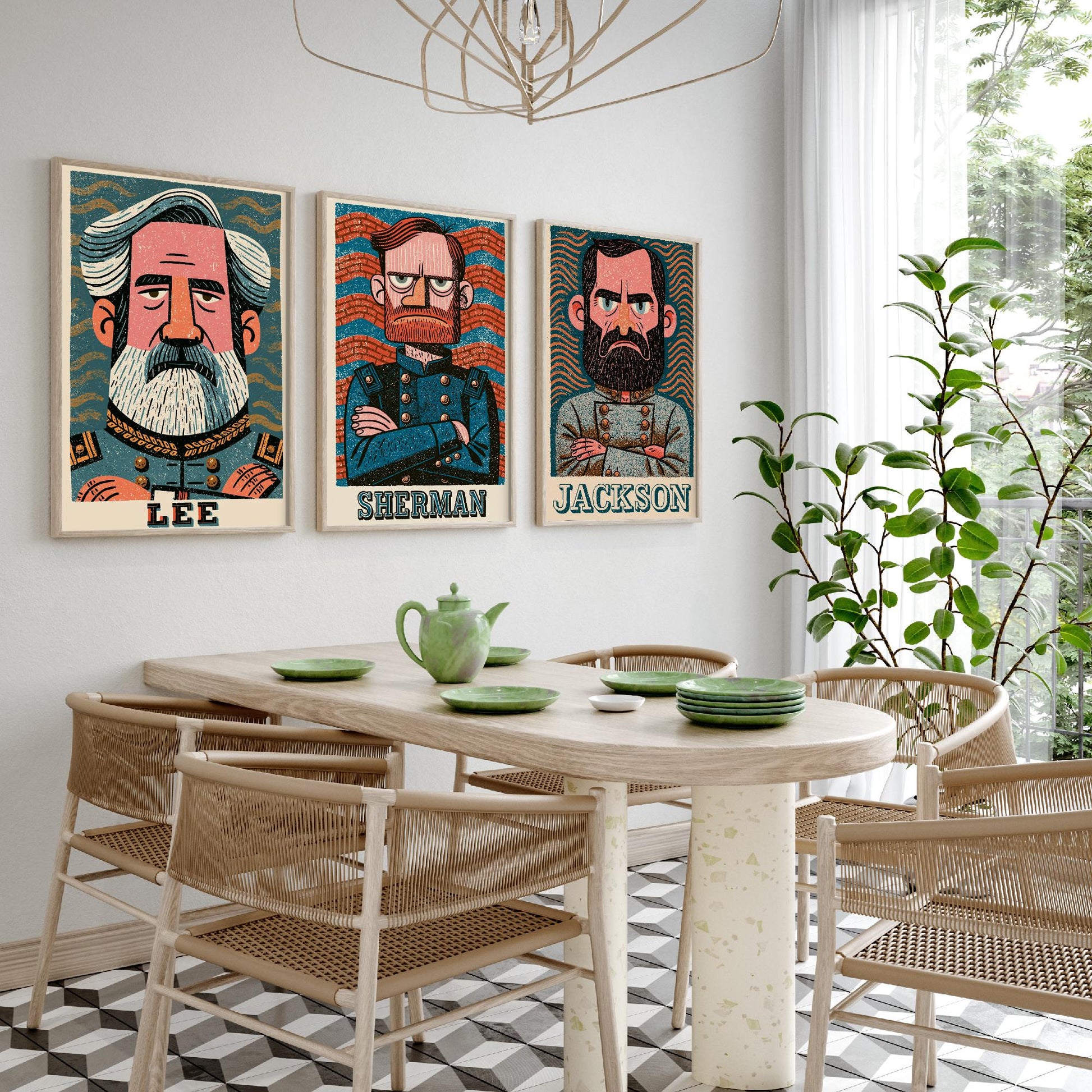Civil War Generals Set of Three Art Prints - Lee, Sherman, Jackson - American History Poster Wall Art Gift Illustration Decor