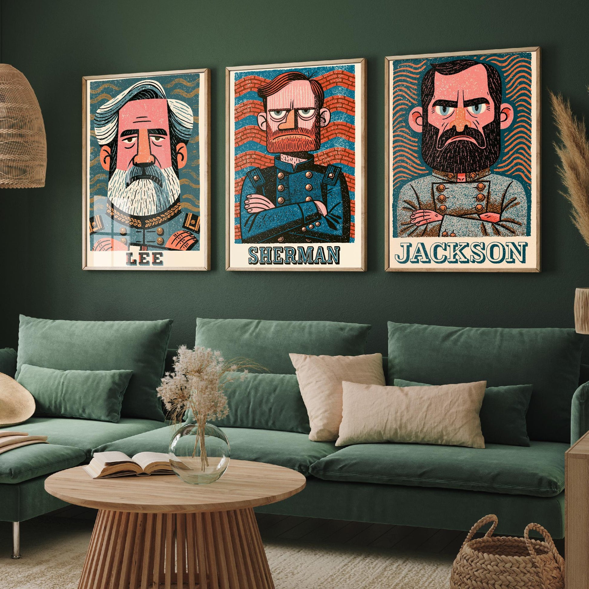 Civil War Generals Set of Three Art Prints - Lee, Sherman, Jackson - American History Poster Wall Art Gift Illustration Decor