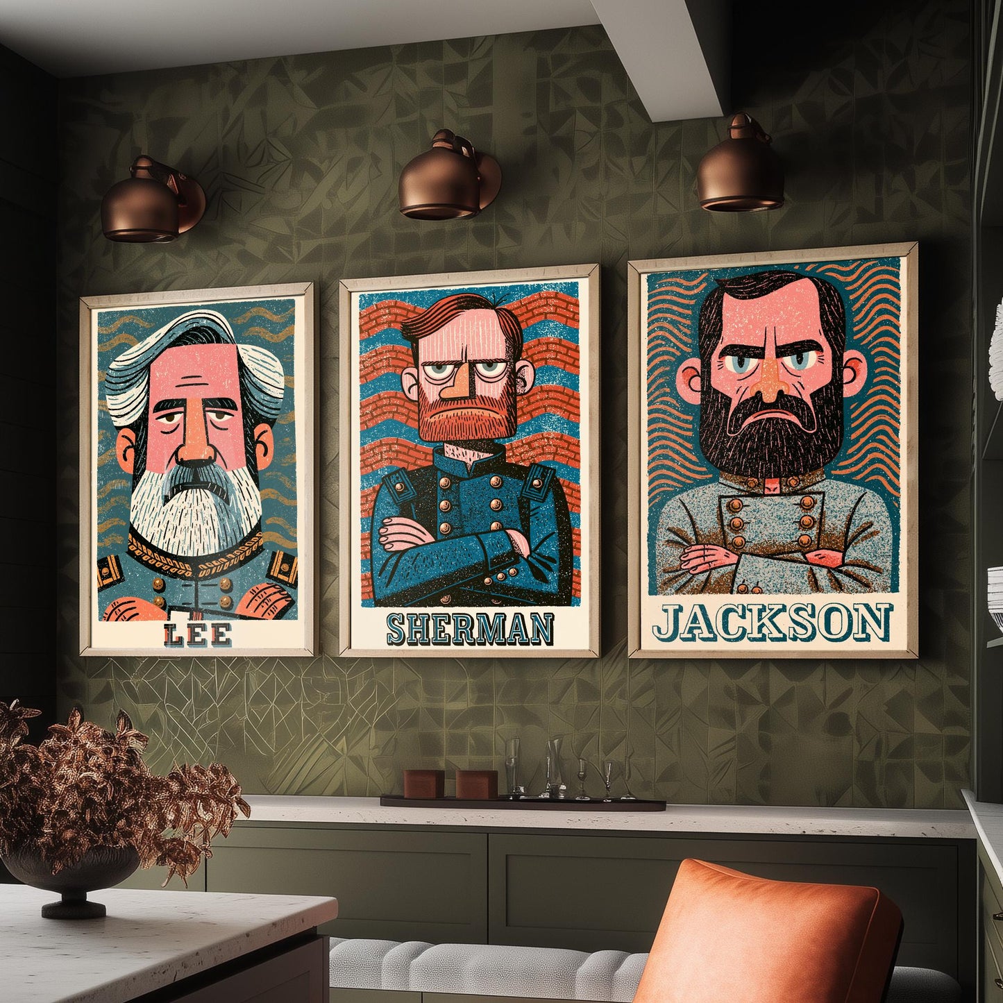 Civil War Generals Set of Three Art Prints - Lee, Sherman, Jackson - American History Poster Wall Art Gift Illustration Decor