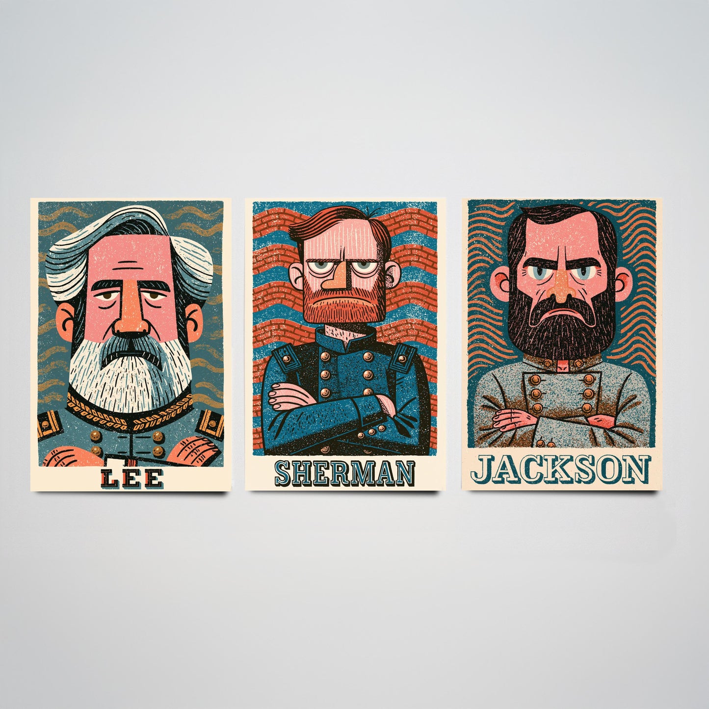 Civil War Generals Set of Three Art Prints - Lee, Sherman, Jackson - American History Poster Wall Art Gift Illustration Decor