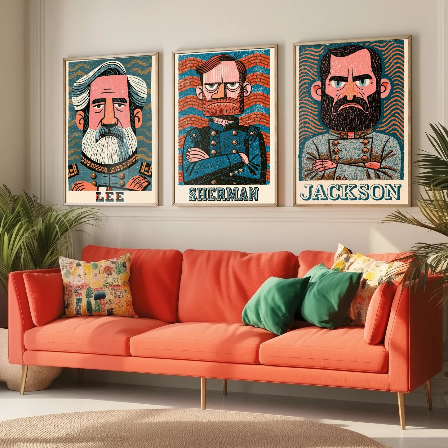 Civil War Generals Set of Three Art Prints - Lee, Sherman, Jackson - American History Poster Wall Art Gift Illustration Decor