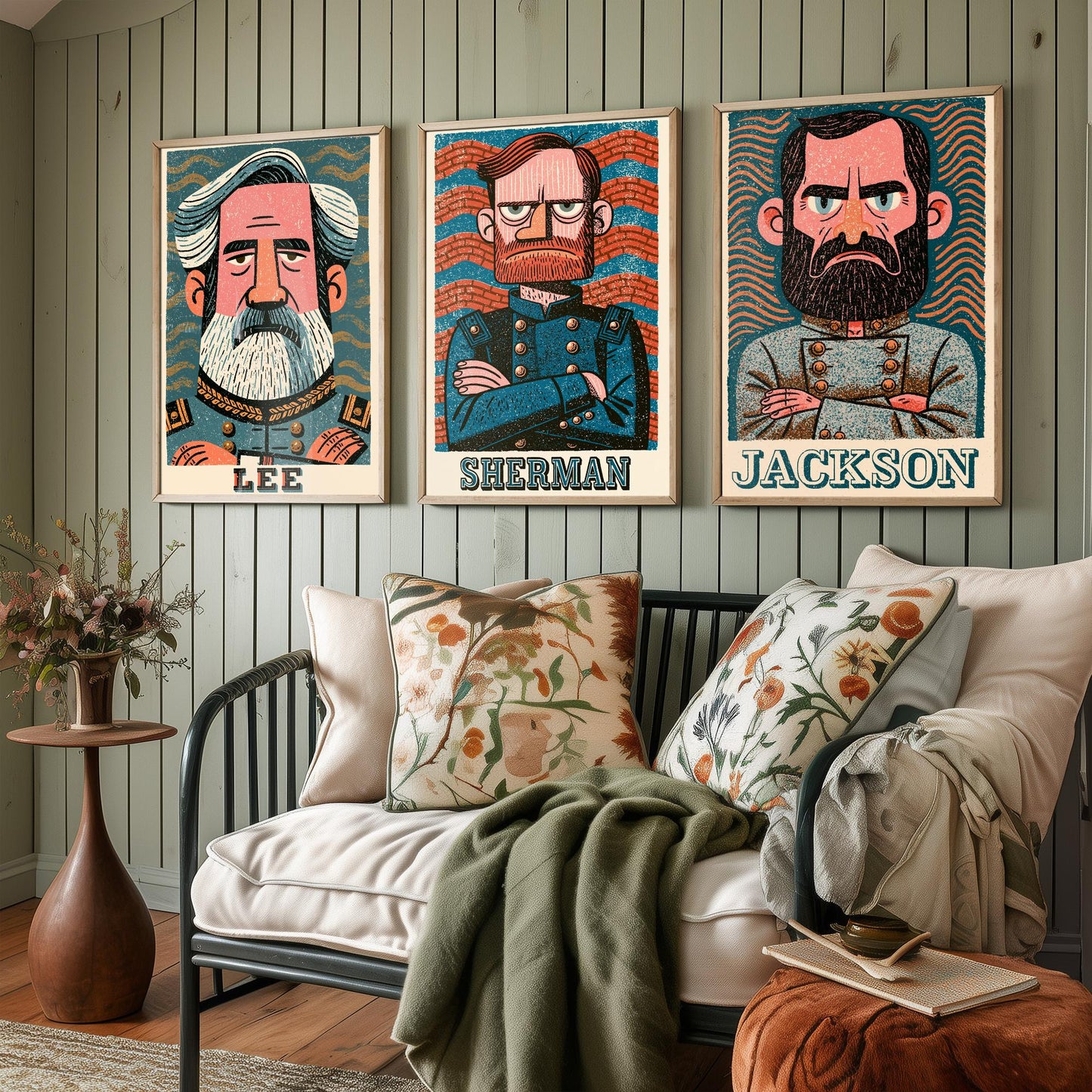 Civil War Generals Set of Three Art Prints - Lee, Sherman, Jackson - American History Poster Wall Art Gift Illustration Decor