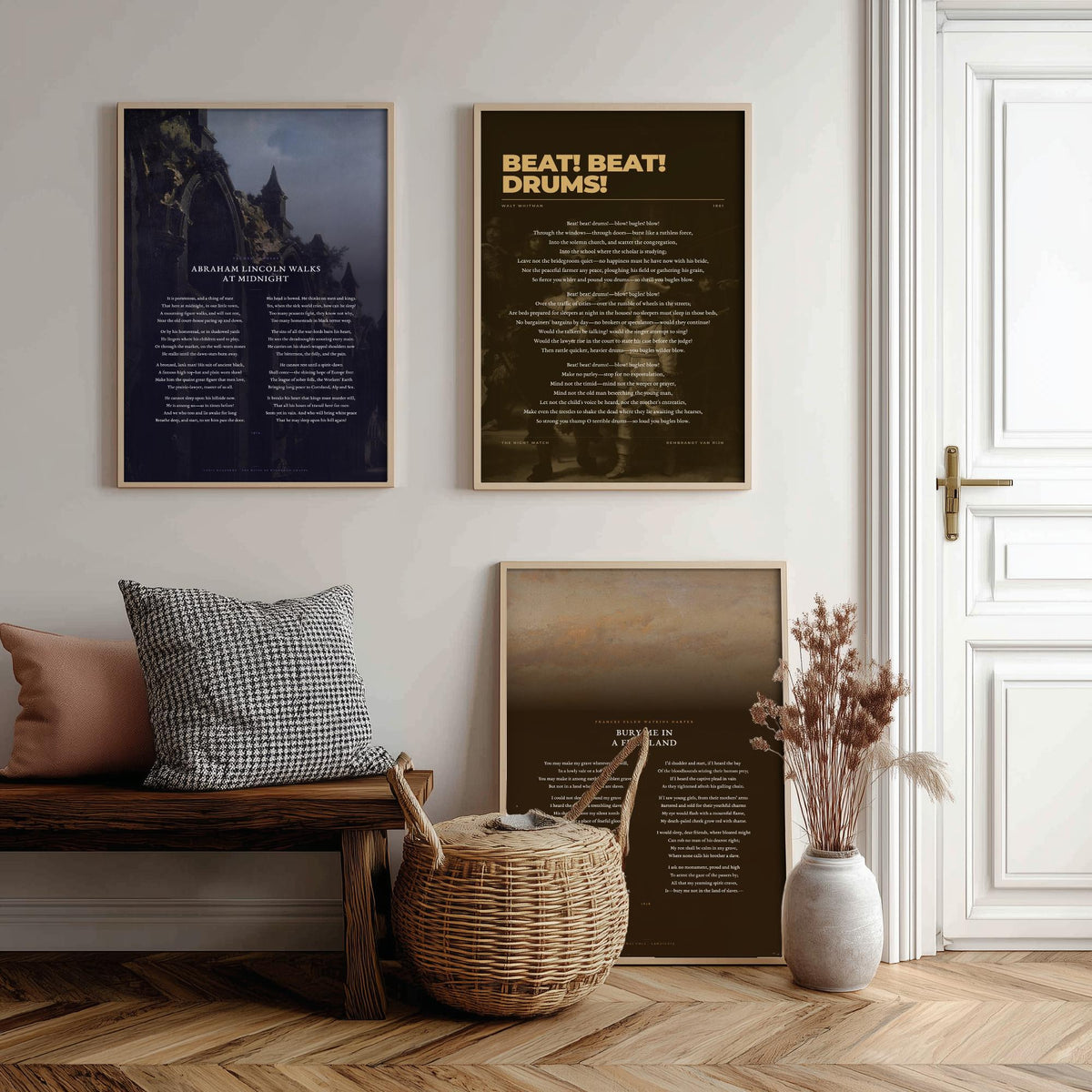 Civil War Poems Set of Three Art Prints - Abraham Lincoln Walks at Midnight, Beat Beat Drums, Bury Me in a Free Land - Painting Poster