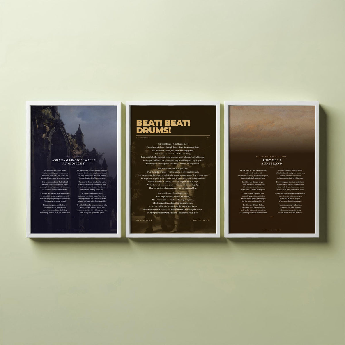 Civil War Poems Set of Three Art Prints - Abraham Lincoln Walks at Midnight, Beat Beat Drums, Bury Me in a Free Land - Painting Poster