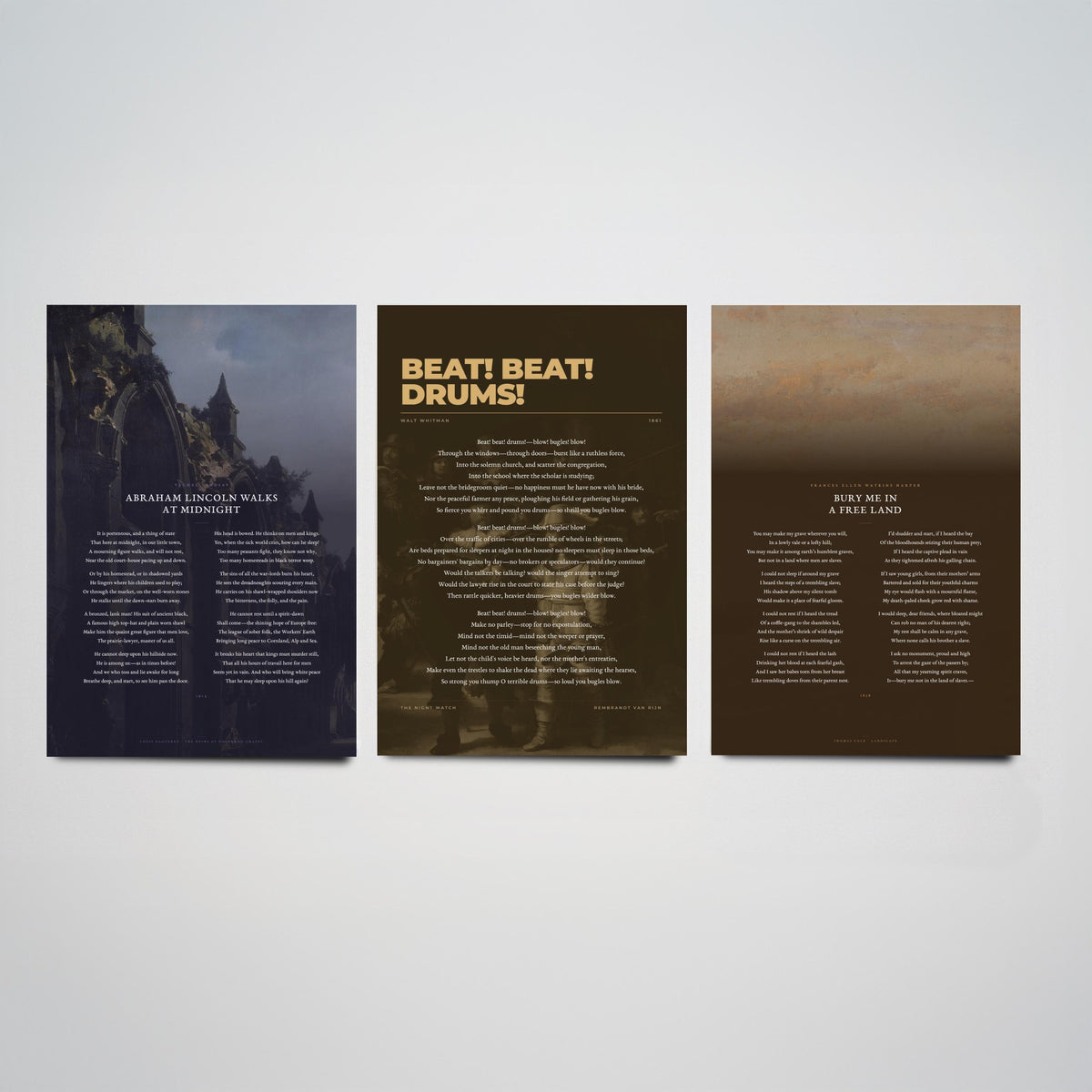 Civil War Poems Set of Three Art Prints - Abraham Lincoln Walks at Midnight, Beat Beat Drums, Bury Me in a Free Land - Painting Poster