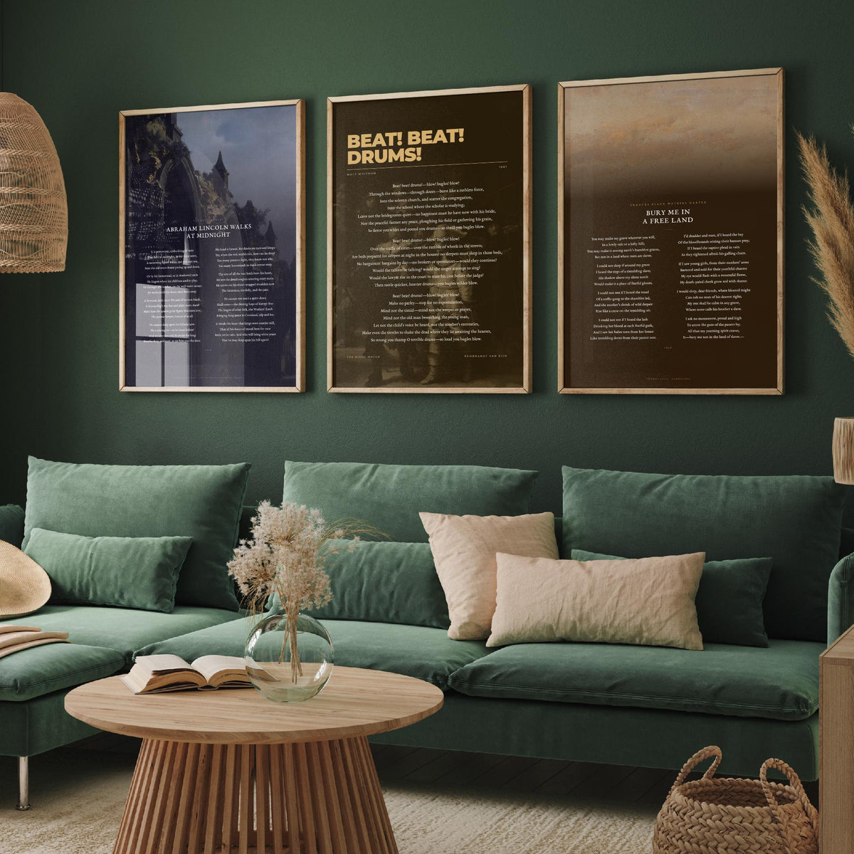 Civil War Poems Set of Three Art Prints - Abraham Lincoln Walks at Midnight, Beat Beat Drums, Bury Me in a Free Land - Painting Poster