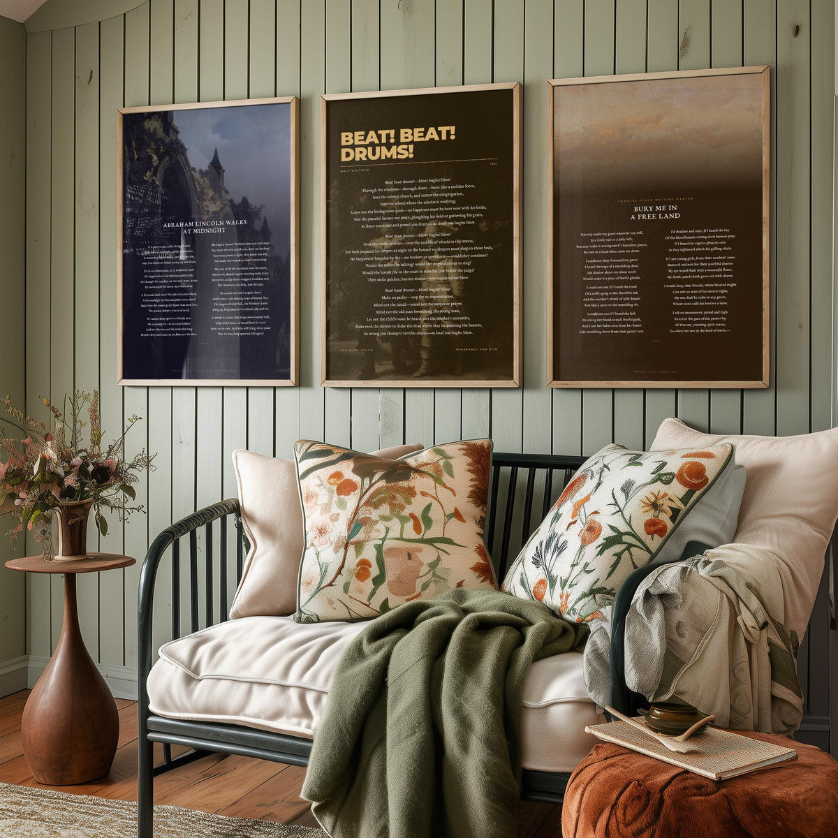 Civil War Poems Set of Three Art Prints - Abraham Lincoln Walks at Midnight, Beat Beat Drums, Bury Me in a Free Land - Painting Poster