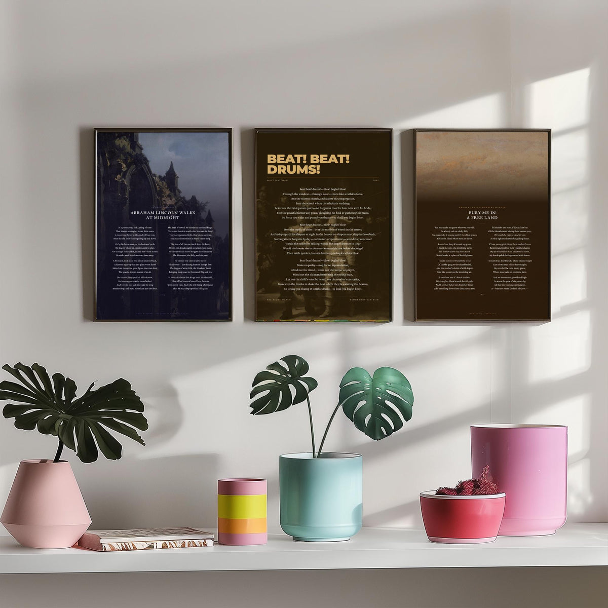 Civil War Poems Set of Three Art Prints - Abraham Lincoln Walks at Midnight, Beat Beat Drums, Bury Me in a Free Land - Painting Poster