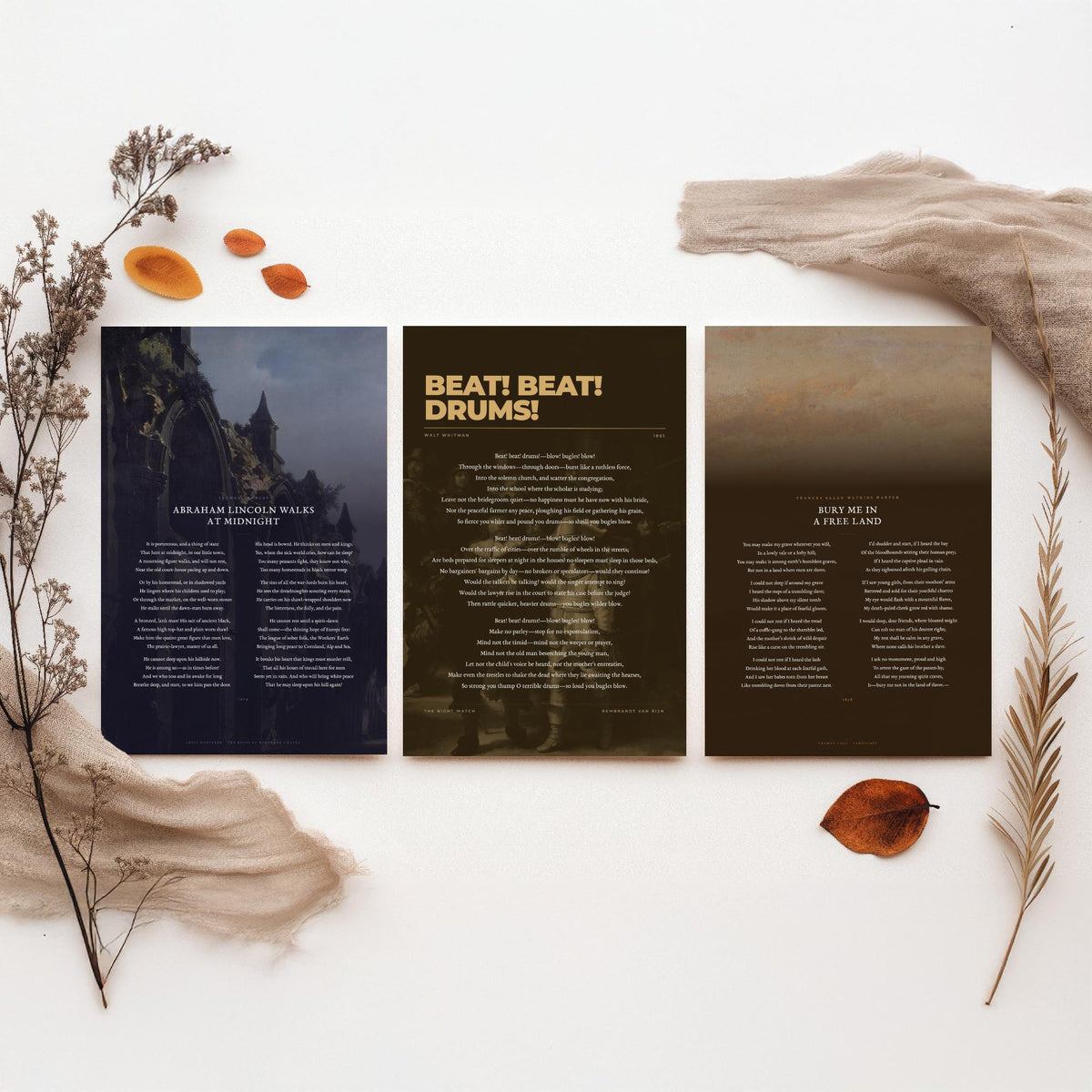 Civil War Poems Set of Three Art Prints - Abraham Lincoln Walks at Midnight, Beat Beat Drums, Bury Me in a Free Land - Painting Poster