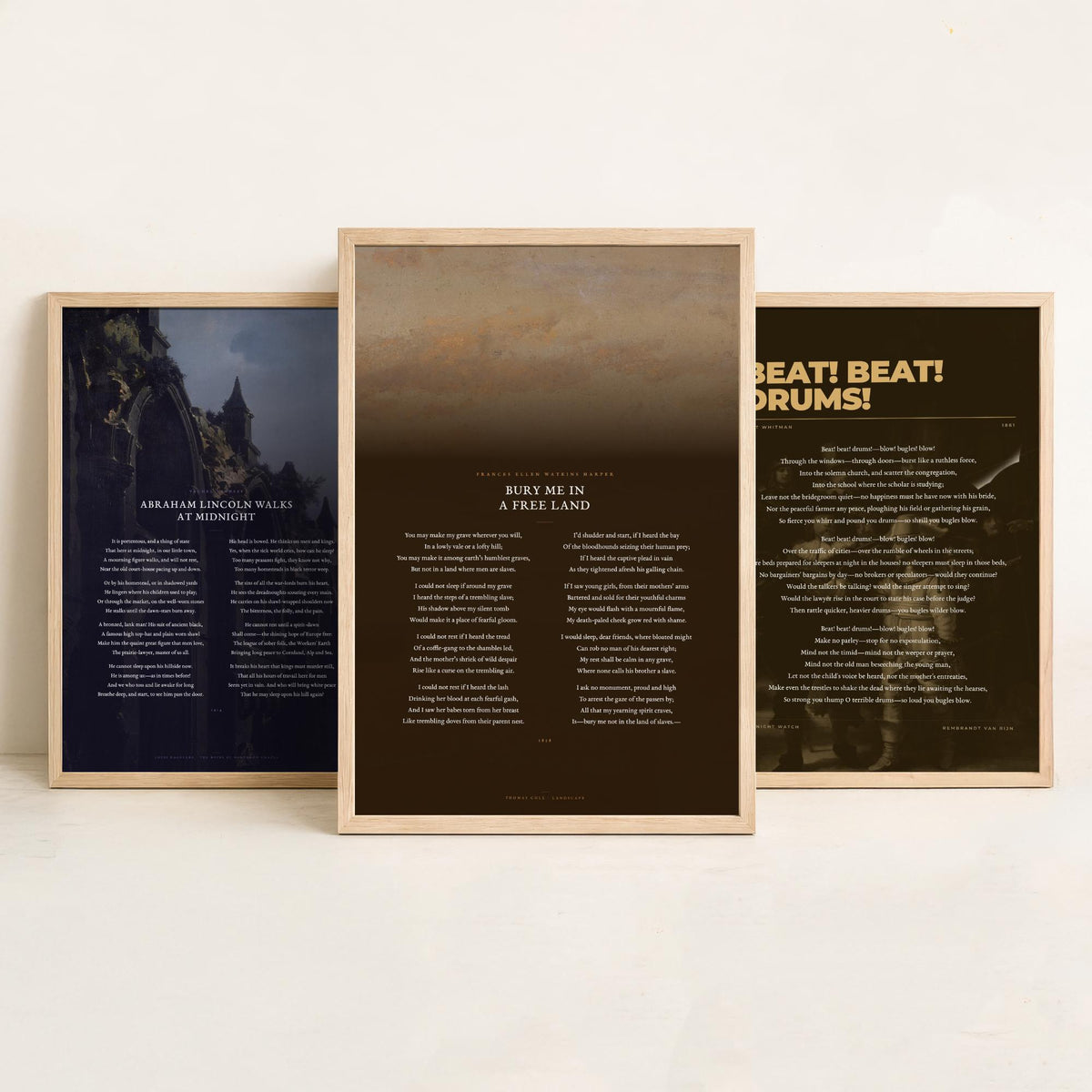 Civil War Poems Set of Three Art Prints - Abraham Lincoln Walks at Midnight, Beat Beat Drums, Bury Me in a Free Land - Painting Poster