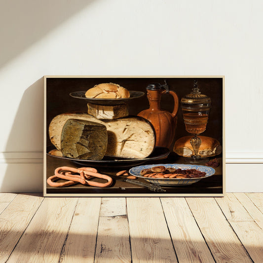 Clara Peeters - Still Life with Cheeses, Almonds and Pretzels (c. 1615) - Classic Painting Art Print - Dutch Golden Age Kitchen Food Poster