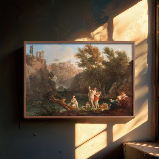 Claude-Joseph Vernet - The Four Times of Day, Evening (1757) - Classic Painting Art Print - Bathers Waterfall Ruins Sunset Poster