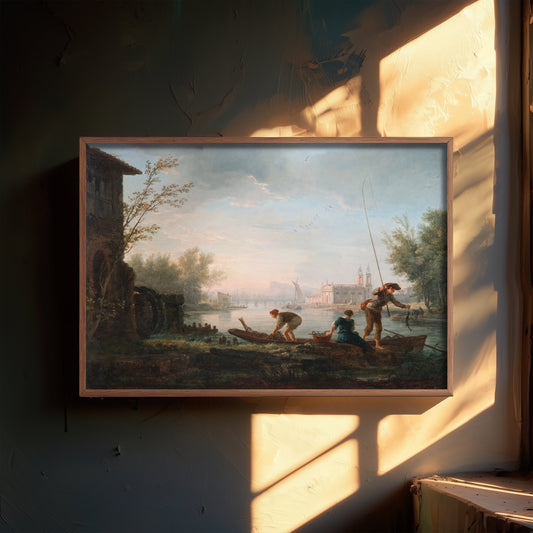 Claude-Joseph Vernet - The Four Times of Day, Morning (1757) - Classic Painting Art Print - Fishermen River Dawn Mist Poster