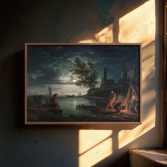 Claude-Joseph Vernet - The Four Times of Day, Night (1757) - Classic Painting Art Print - Moonlit Harbour Campfire Lighthouse Poster