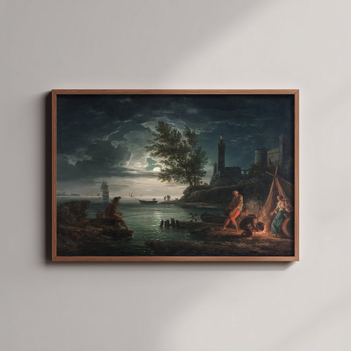 Claude-Joseph Vernet - The Four Times of Day, Night (1757) - Classic Painting Art Print - Moonlit Harbour Campfire Lighthouse Poster