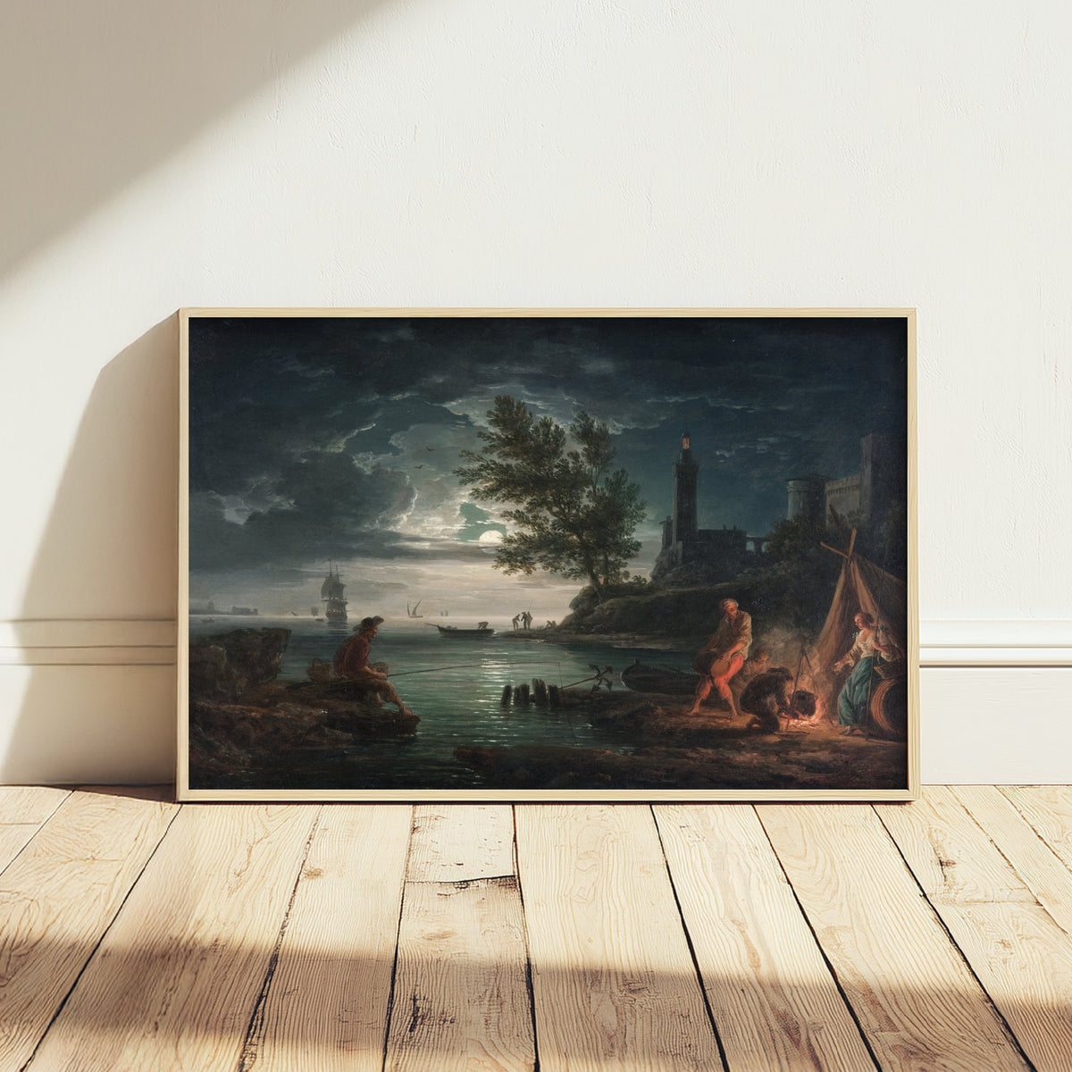 Claude-Joseph Vernet - The Four Times of Day, Night (1757) - Classic Painting Art Print - Moonlit Harbour Campfire Lighthouse Poster