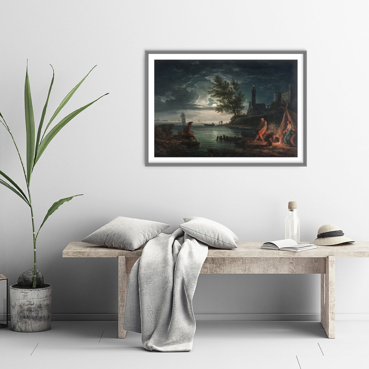 Claude-Joseph Vernet - The Four Times of Day, Night (1757) - Classic Painting Art Print - Moonlit Harbour Campfire Lighthouse Poster