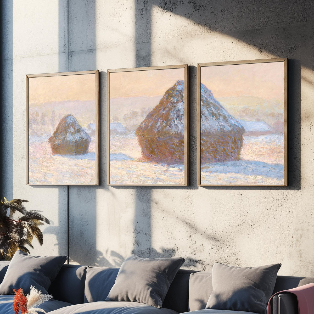 Claude Monet Haystacks Set of Three Art Prints - Snow Effect Grainstacks - Panoramic Impressionist Painting Poster V1