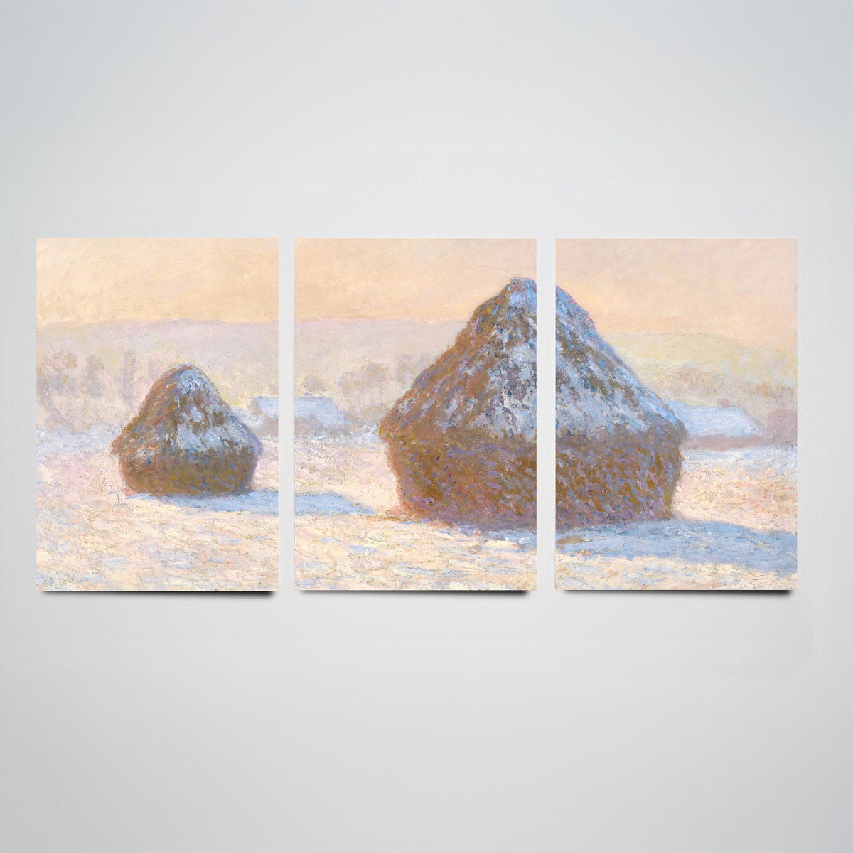 Claude Monet Haystacks Set of Three Art Prints - Snow Effect Grainstacks - Panoramic Impressionist Painting Poster V1