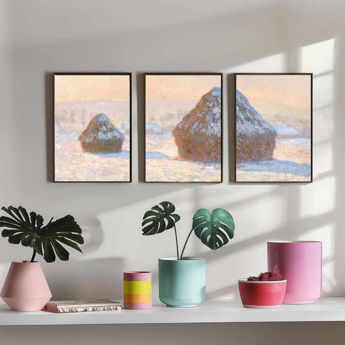 Claude Monet Haystacks Set of Three Art Prints - Snow Effect Grainstacks - Panoramic Impressionist Painting Poster V1