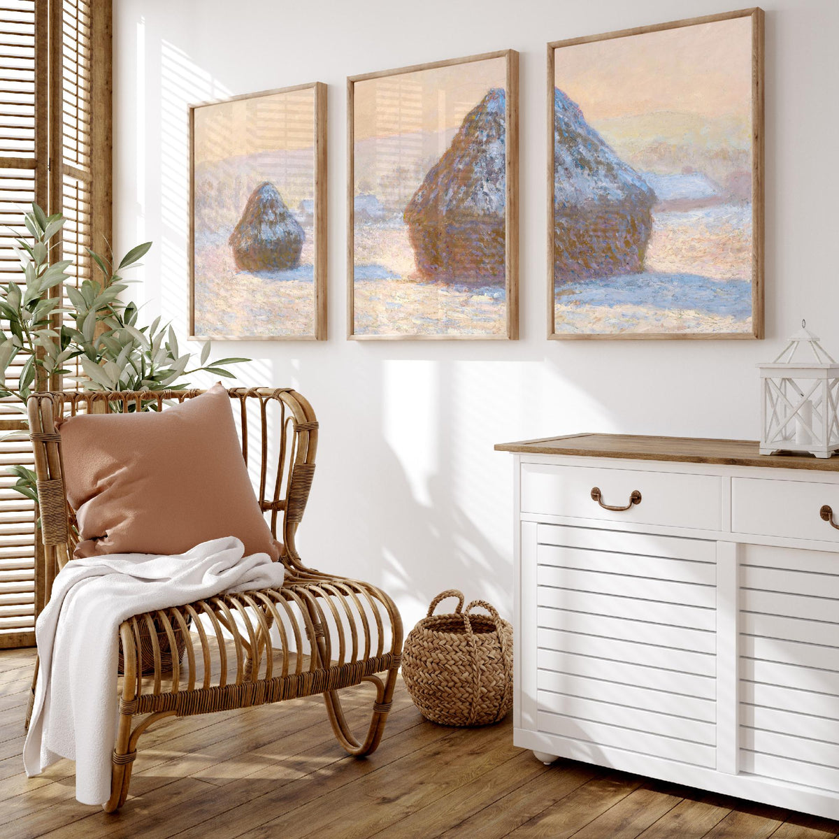 Claude Monet Haystacks Set of Three Art Prints - Snow Effect Grainstacks - Panoramic Impressionist Painting Poster V1