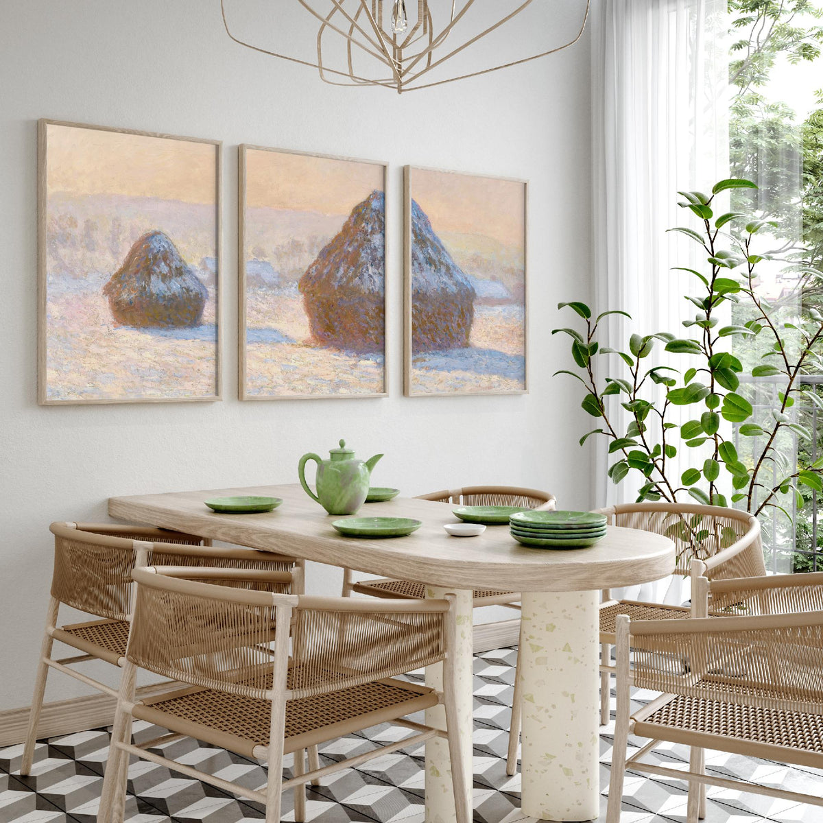 Claude Monet Haystacks Set of Three Art Prints - Snow Effect Grainstacks - Panoramic Impressionist Painting Poster V1