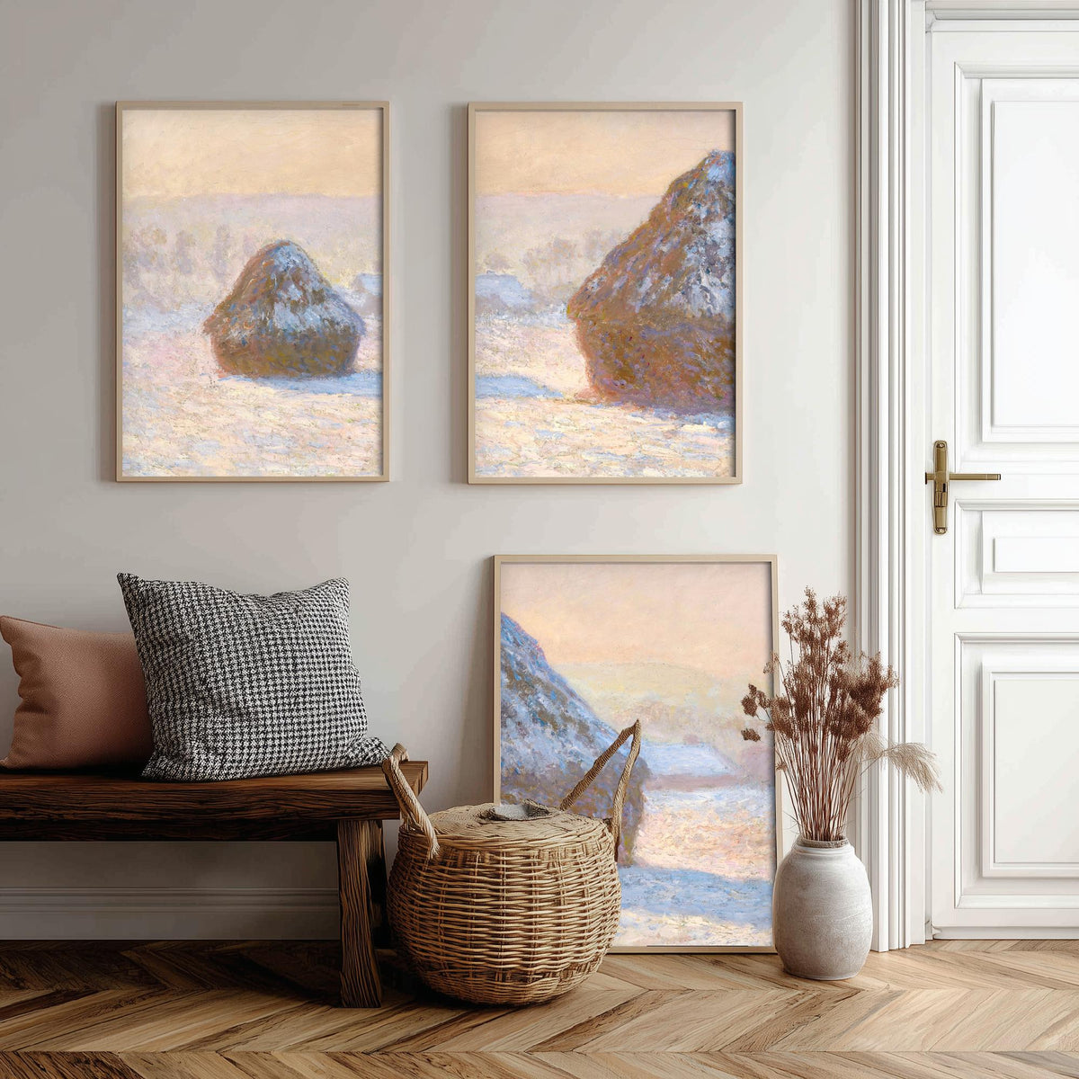 Claude Monet Haystacks Set of Three Art Prints - Snow Effect Grainstacks - Panoramic Impressionist Painting Poster V1