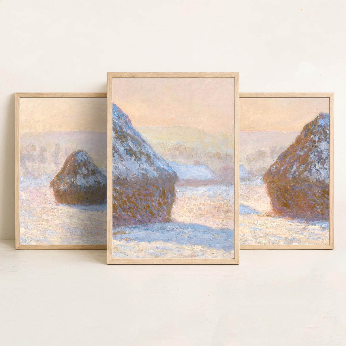 Claude Monet Haystacks Set of Three Art Prints - Snow Effect Grainstacks - Panoramic Impressionist Painting Poster V1