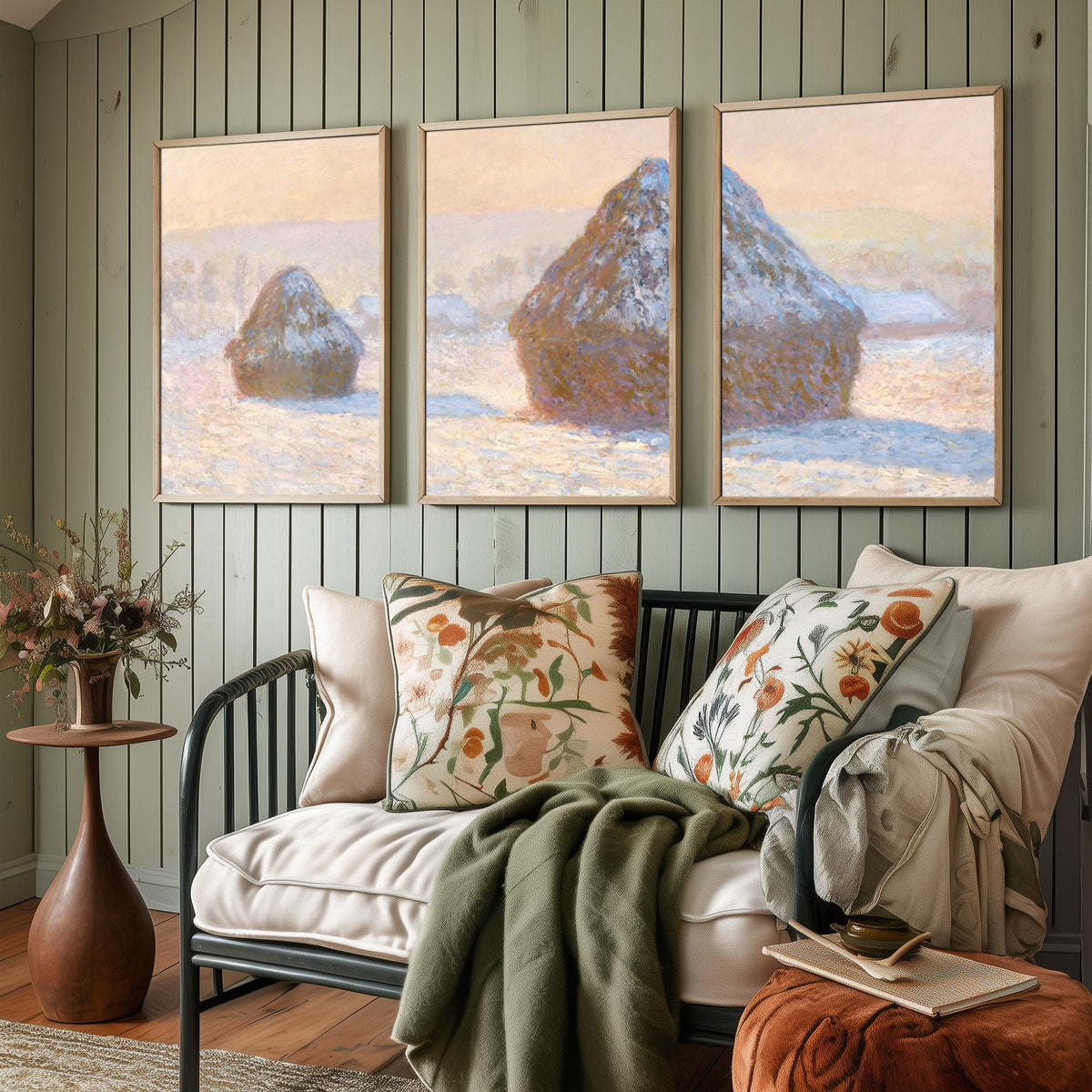 Claude Monet Haystacks Set of Three Art Prints - Snow Effect Grainstacks - Panoramic Impressionist Painting Poster V1