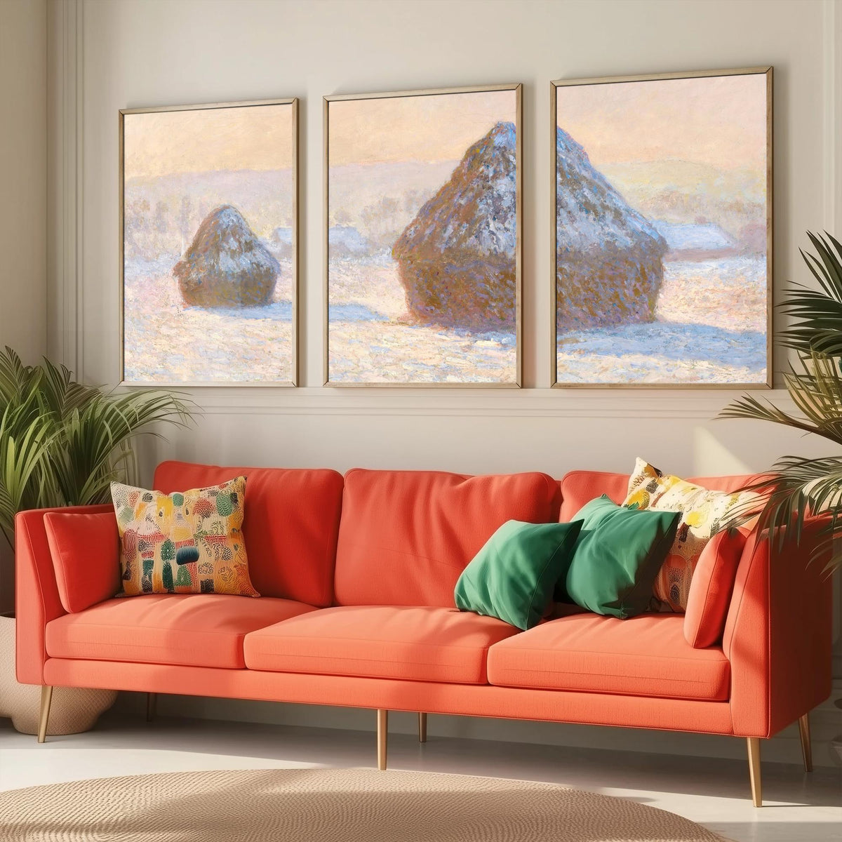 Claude Monet Haystacks Set of Three Art Prints - Snow Effect Grainstacks - Panoramic Impressionist Painting Poster V1