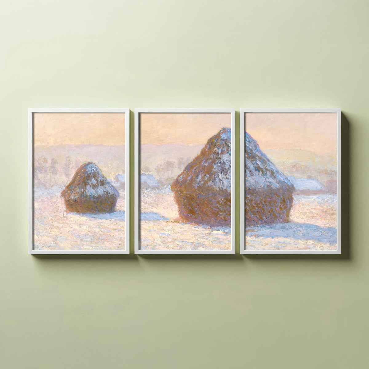 Claude Monet Haystacks Set of Three Art Prints - Snow Effect Grainstacks - Panoramic Impressionist Painting Poster V1