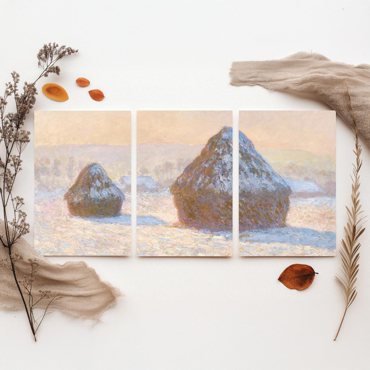 Claude Monet Haystacks Set of Three Art Prints - Snow Effect Grainstacks - Panoramic Impressionist Painting Poster V1