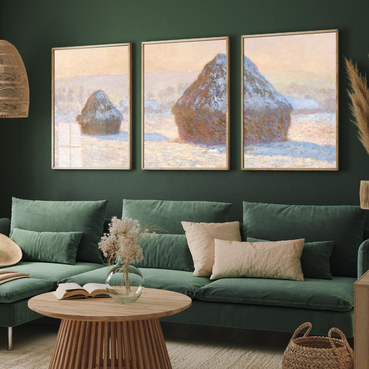 Claude Monet Haystacks Set of Three Art Prints - Snow Effect Grainstacks - Panoramic Impressionist Painting Poster V1