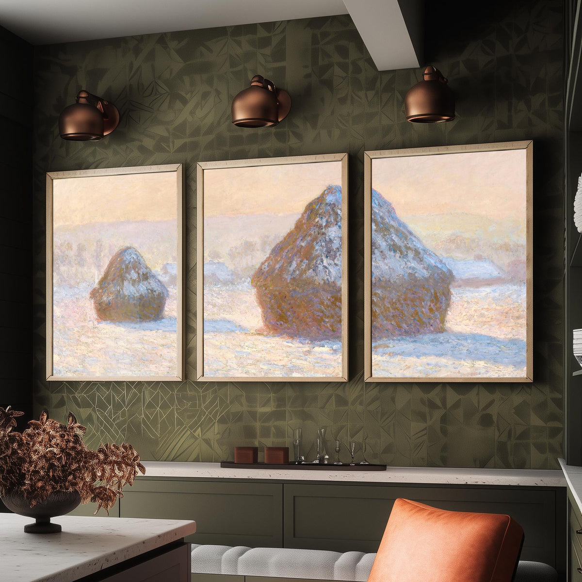 Claude Monet Haystacks Set of Three Art Prints - Snow Effect Grainstacks - Panoramic Impressionist Painting Poster V1