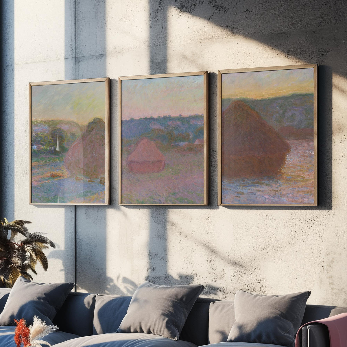 Claude Monet Haystacks Set of Three Art Prints - Grainstacks at End of Summer - Impressionist Painting Poster V2