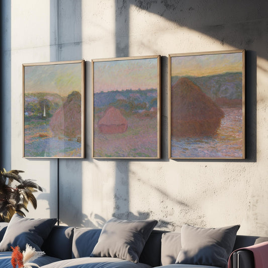 Claude Monet Haystacks Set of Three Art Prints - Grainstacks at End of Summer - Impressionist Painting Poster V2